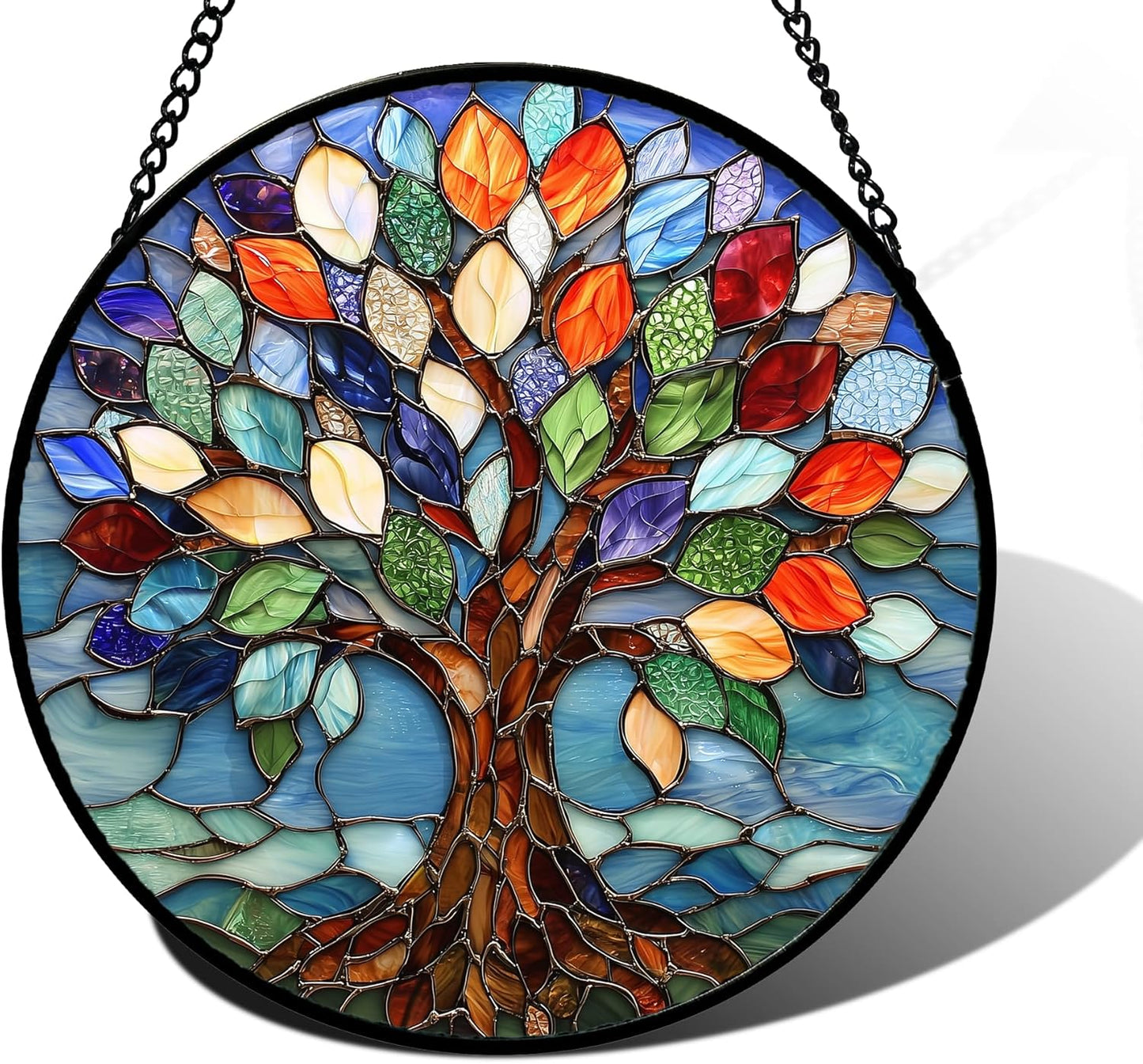 Stained Glass Window Hanging, Colorful Tree of Life Sun Catchers Glass Panel Blue Suncatcher Decor for Birthday for Women, Men, Wife, Aunt, and Mom 9.8 in