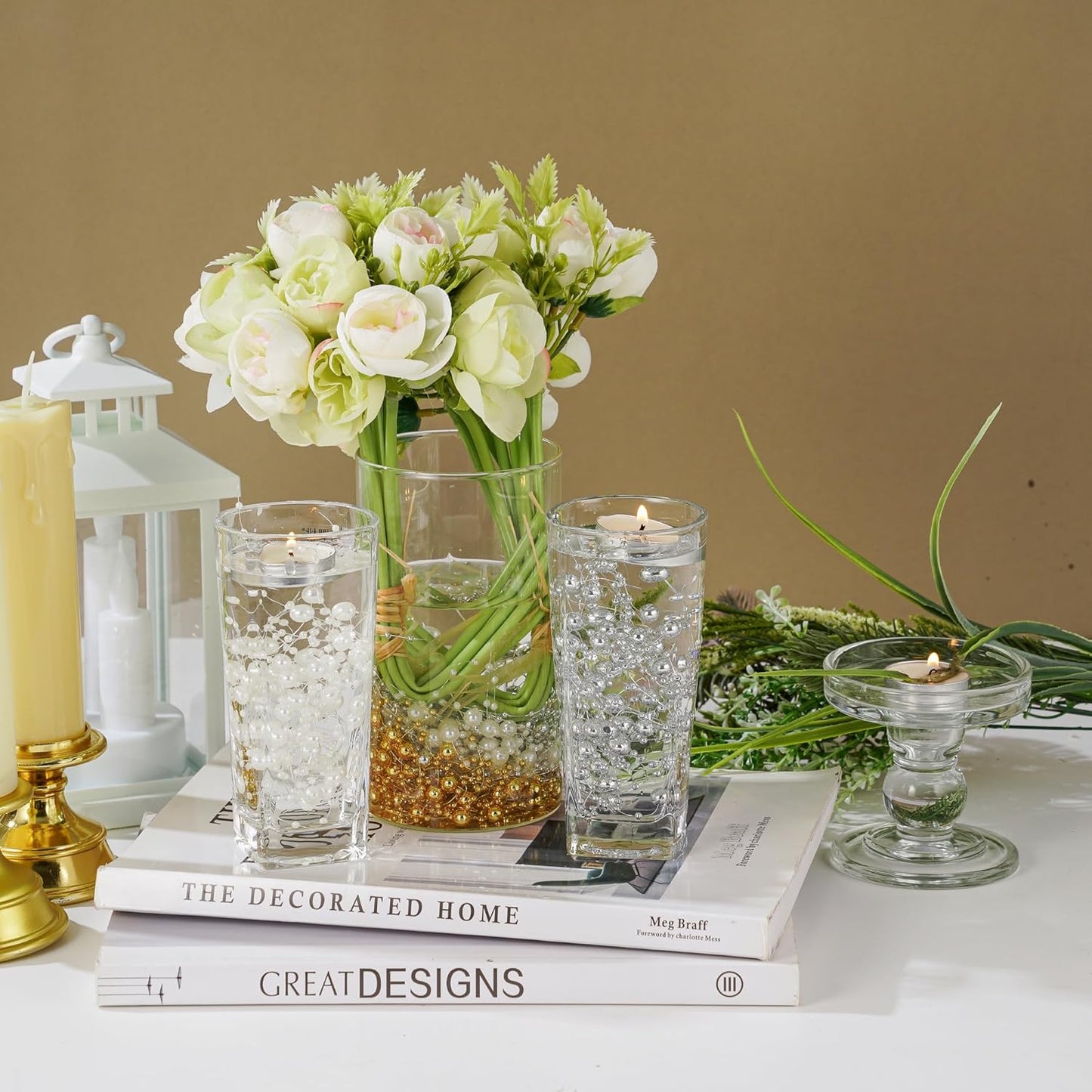 13Feet Pearl String Spool Roll for Floating Candles Faux Pearls Strands Garland for Vase Filler Wedding Centerpiece Christmas Table Decor (White)