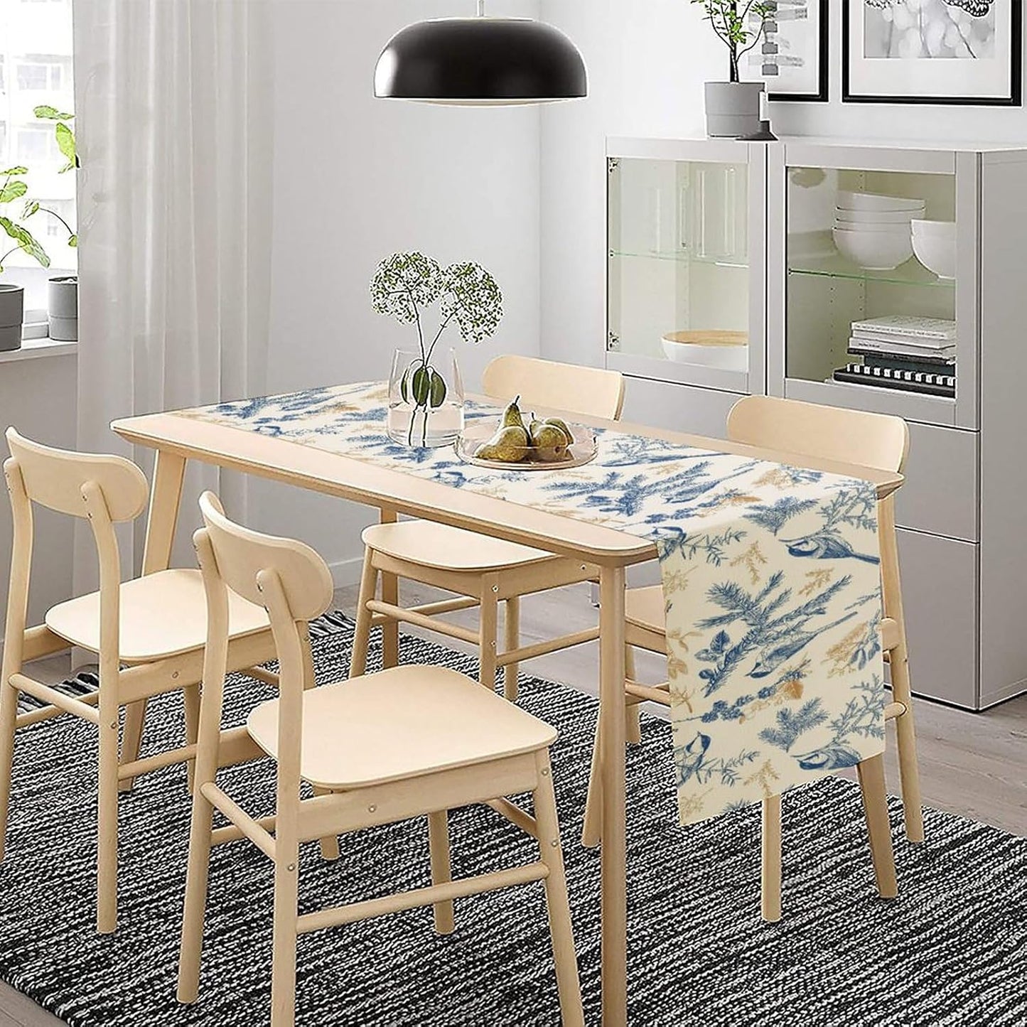 Floral Table Runner,Sketch Birds and Flowers Summer Table Runner Kitchen Dining Table Decoration for Home Party Decor 13x36 Inch