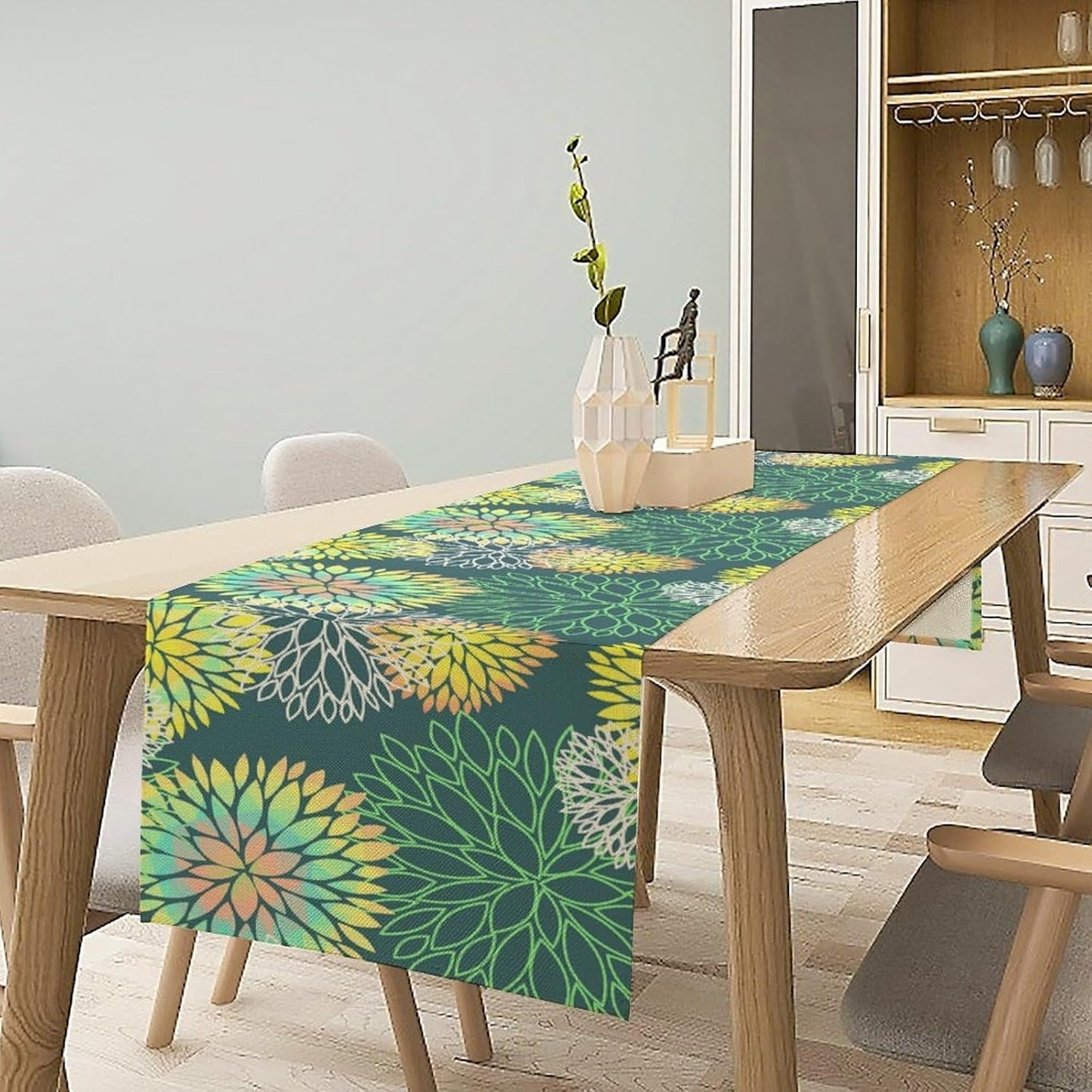 Green Dahlia Flower Table Runner, Linen Geometric Pattern Floral Table Decor Spring Farmhouse Decorations for Kitchen Dining Holiday Party Decor, 13x120 Inch