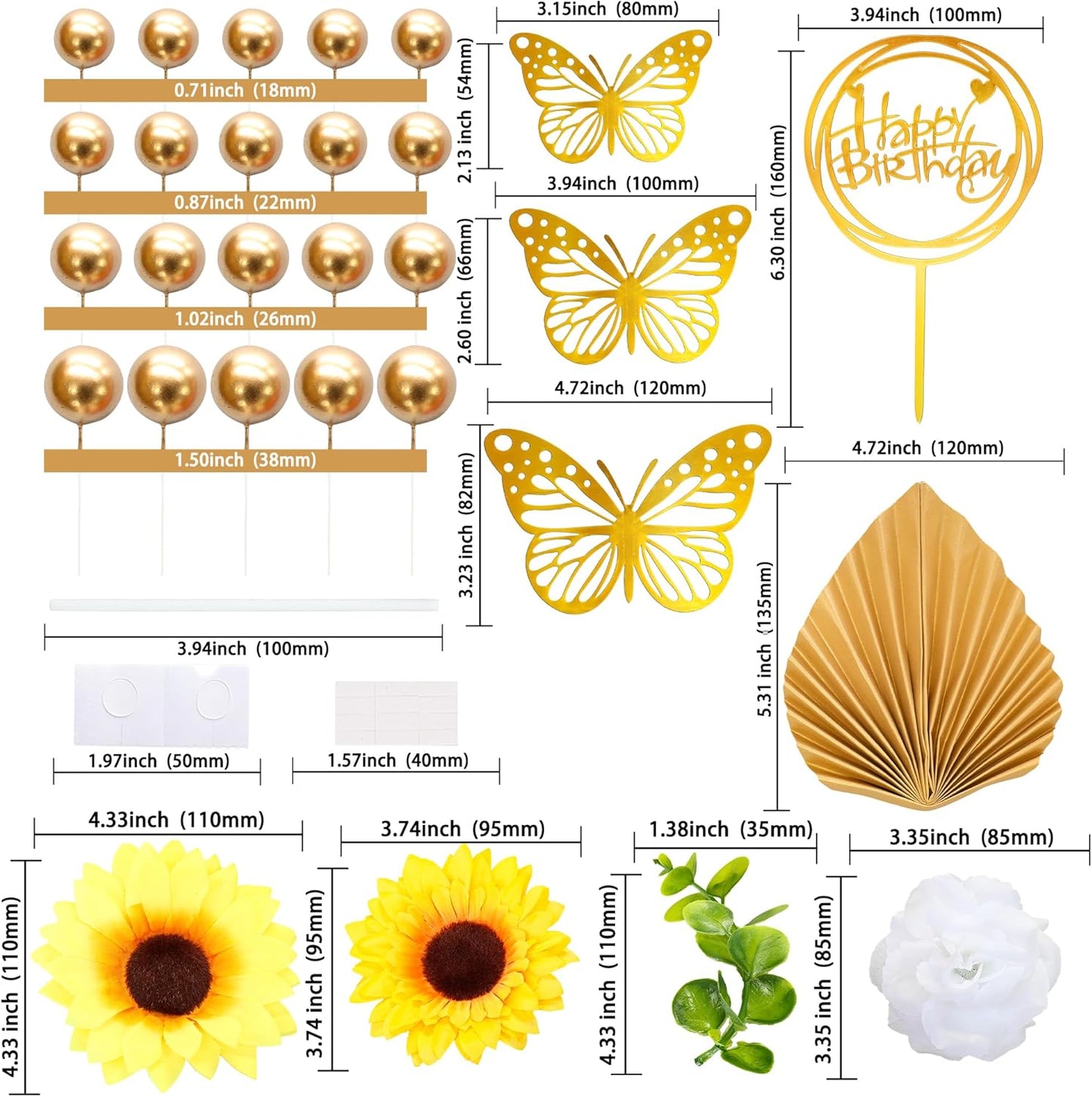 Gyufise 54Pcs Artificial Sunflower Cake Decorations Acrylic Happy Birthday Cake Topper Butterfly Balloon Cake Toppers for DIY Wedding Birthday Valentine's Day Party Supplies Yellow