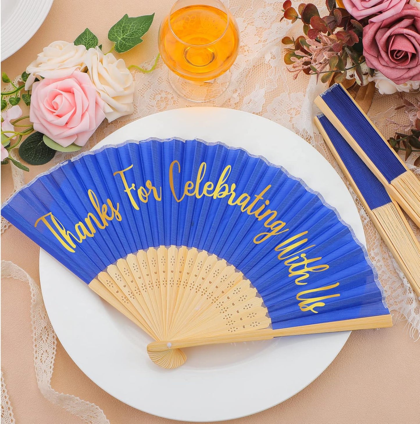 Jetec 50 Pcs Wedding Fans for Guests Bulk Silk Hand Fans Handheld Folded Thank You for Celebrating with Us Wedding Favors for Bridal Bridesmaid Baby Shower Dancing Party Church Gift(Royal Blue)