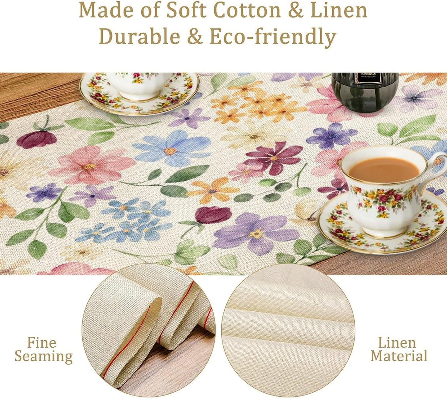 Floral Decorative Table Runner, Watercolor Floral Botanical Rustic Modern Style Pattern Printed Long Table Runner for Restaurant Kitchen Party,13in（33cm） W * 72in（184cm） L