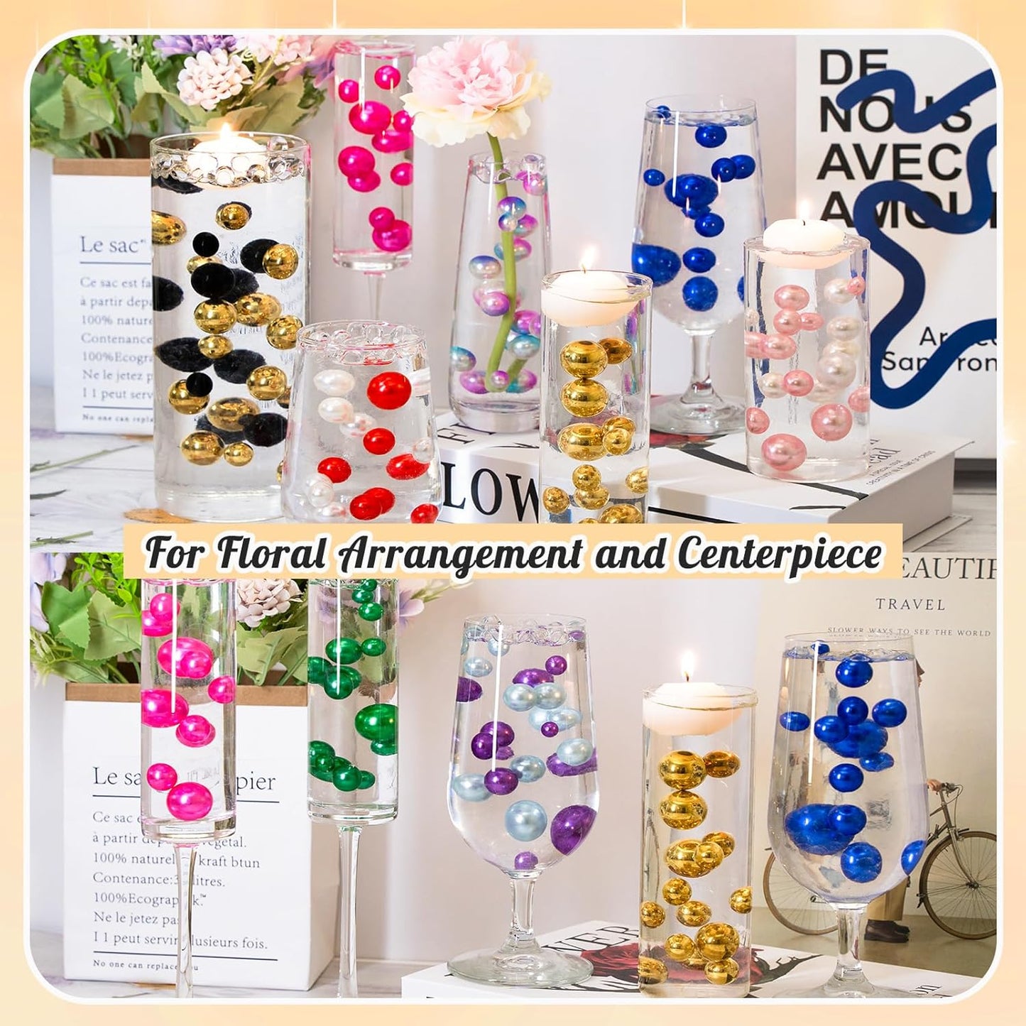 300Pcs Pearl Vase Filler, Ivory Lightpink No Hole Faux Pearl Beads for Centerpieces Vases, Candle Centerpieces, Wedding Birthday Party Home Decor 8/10/14/20mm