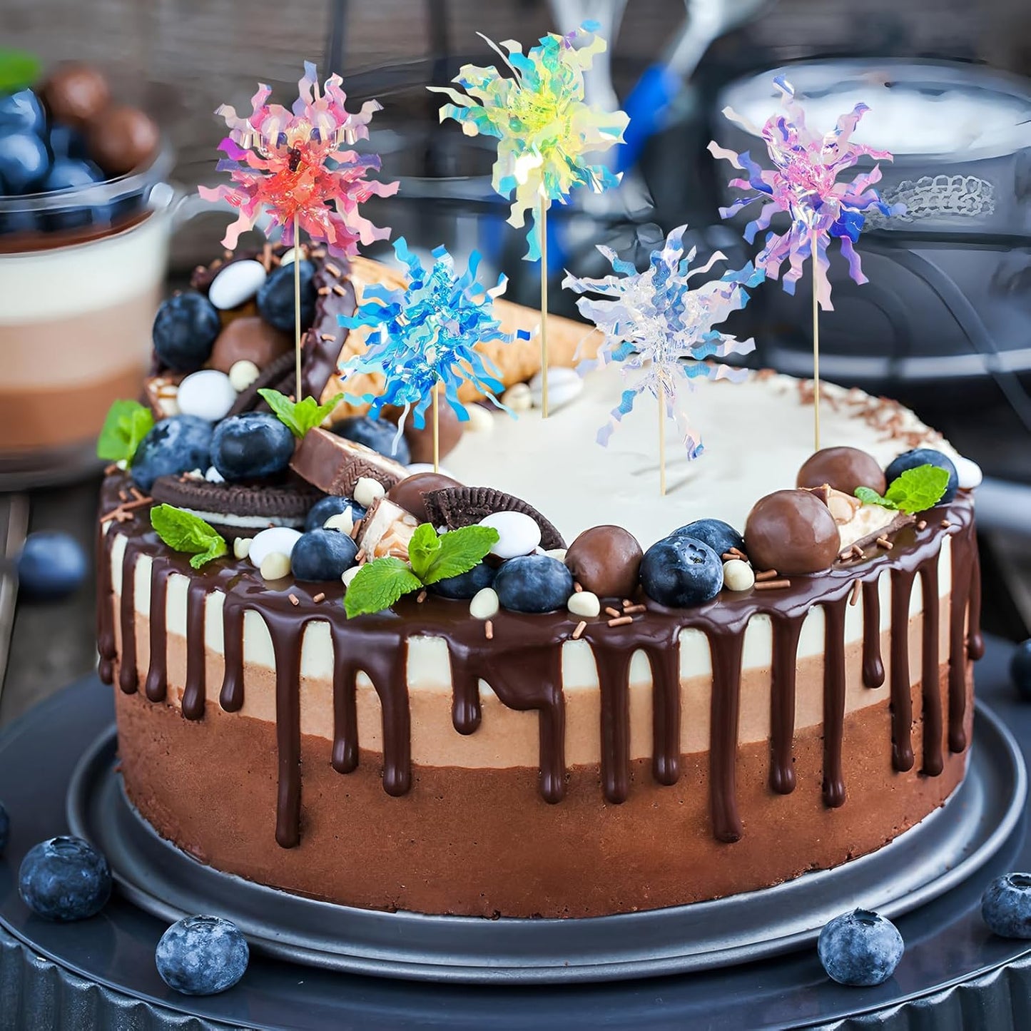 30 PCS Foil Firework Cupcake Toppers Sparkle Tinsel Cake Toppers for Colorful. Tinsel Drink Cake Decoration, Cocktail Food Fruit Toothpick for Cake Decoration Party Supplies