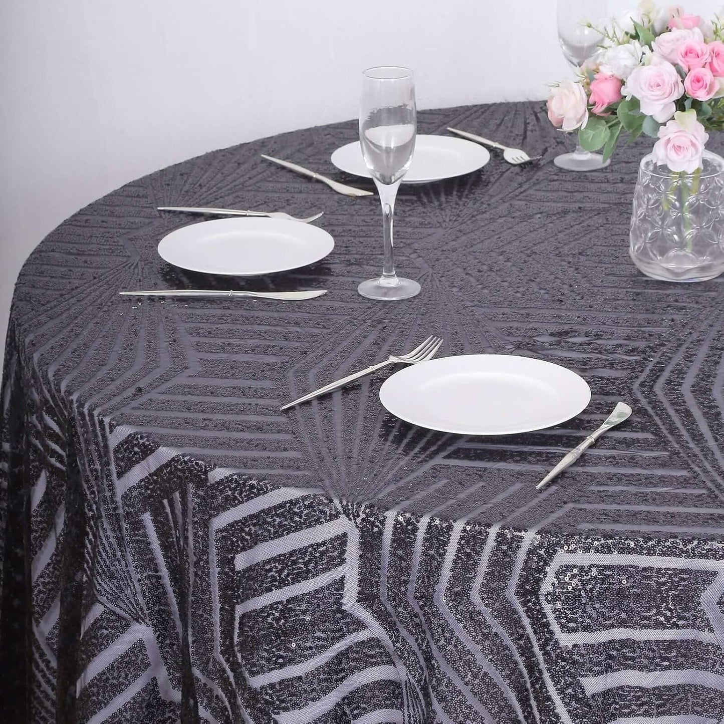Efavormart 120" Black Sparkly Sequin Geometric Tulle Round Tablecloth