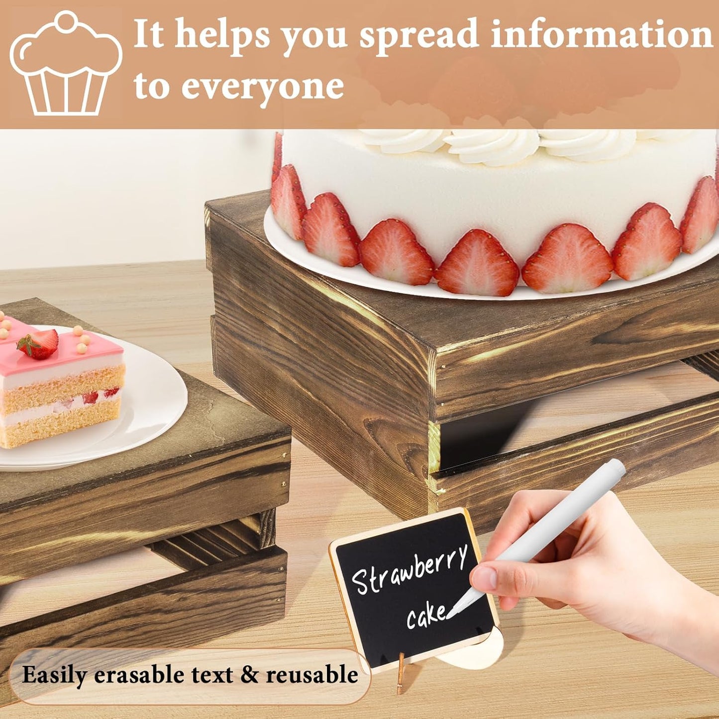 6 Pcs Buffet Risers with Mini Signs, Rustic Wood Cake Stands, Food Risers for Buffet Table, Dessert Display Stand, Wood Crates, Rustic Cake Stand for Party, Wedding, Birthday, Baby Shower, 3 Sizes