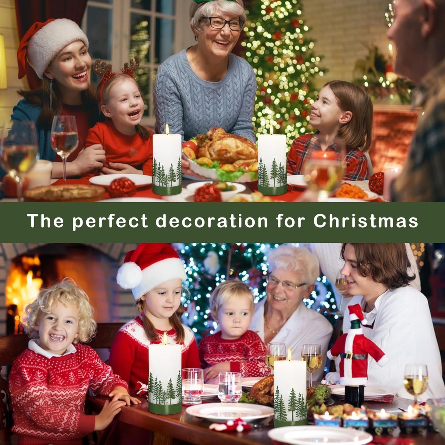 Silverstro Holiday Flameless Candles Green Hand Drawn Christmas Tree Design with Remote Control, Flickering Real Wax Christmas LED Candles - Home Party Bathroom Room Xmas Decorations - Set of 2