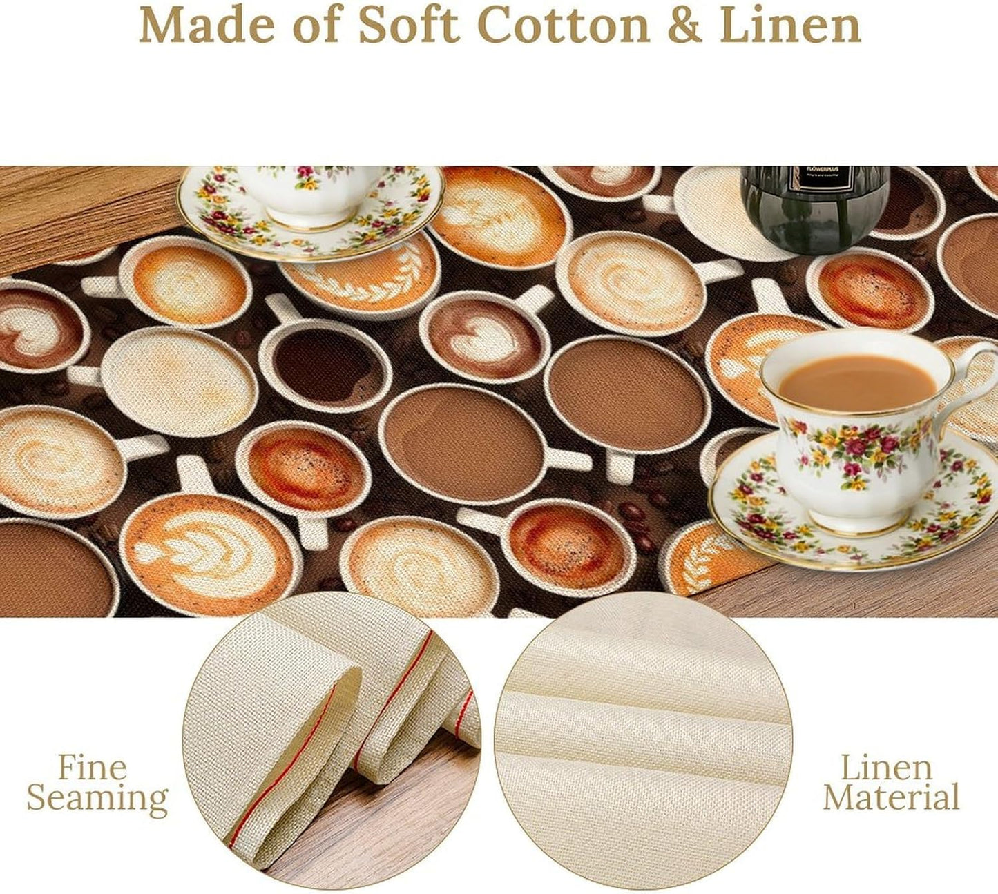 Coffee Theme Table Runner, Farmhouse Coffee Cup Latte Cappuccino Tea Party Rustic Cafe Table Center Decor for Home Kitchen Dining Patio Holiday Party Indoor Outdoor Table Decorations,13"x90" Inch