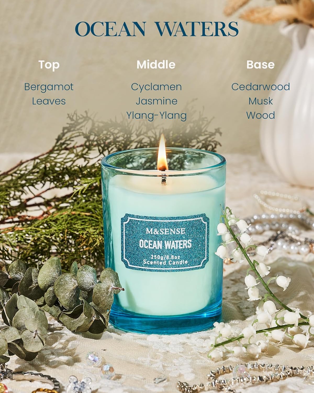 M&SENSE Ocean Scented Glitter Jar Candles, Holiday Gifts for Women - Strong Scented Natural Soy Candle for Winter Home Decor, 50 Hour Burn Time