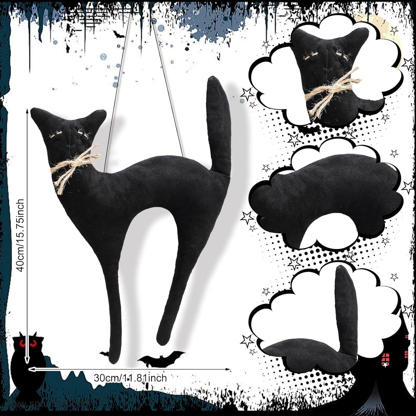 Suhine 16 Inch Halloween Black Cat Hanging Decoration Vintage Rustic Black Cat Wall Ornament Hanging Gifts Primitiva Retro Farmhouse Halloween Decoration for Door Indoor Wall Outdoor