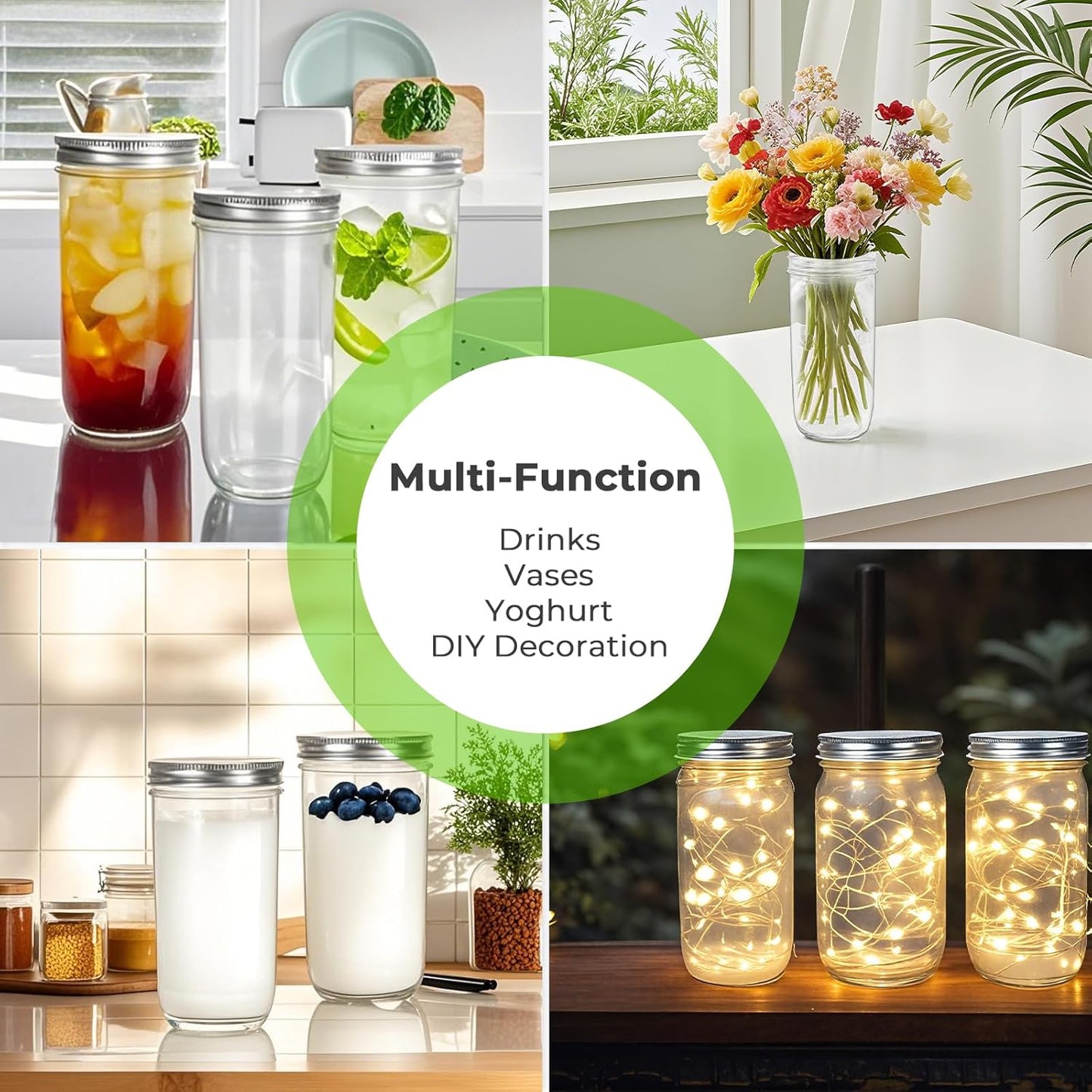 CycleMore 24oz 6 Pack Mason Glass Jars with AirTight Lids and Bands, Wide Mouth Canning Jars for Jelly, Jam, Honey, Wedding Favors, Spices and Herbs