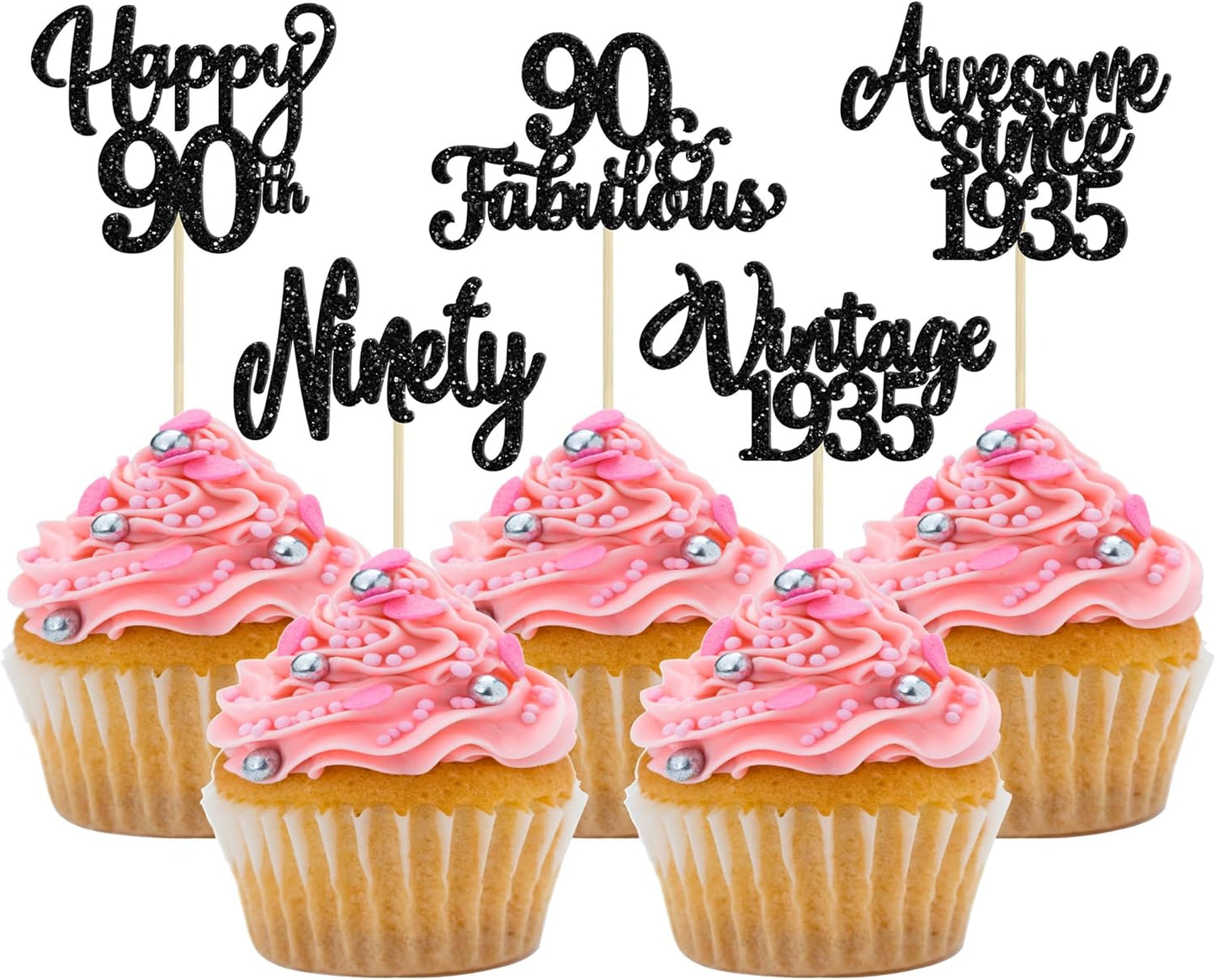 30Pcs Happy 90th Birthday Cupcake Toppers Glitter Awesome Since 1935 Ninety 90 Fabulous Vintage 1935 Cupcake Picks for 90th Birthday Anniversary Retirement Party Cake Decorations Supplies Black