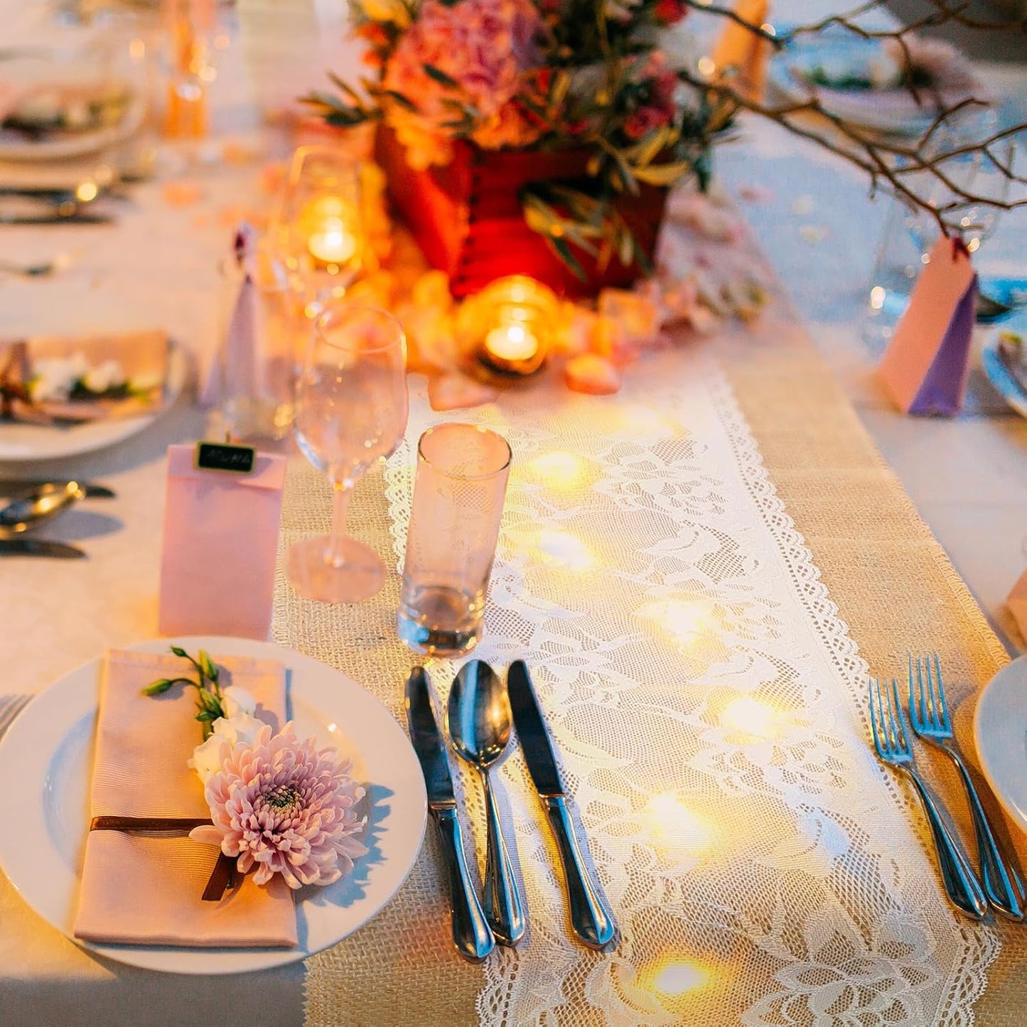 Xinnun 6 Pack Burlap Table Runner with LED String Lights, Modern Rustic Lace Natural Vintage Boho Jute Wedding Table Decor for Farmhouse Thanksgiving Christmas(Wedding Lace LED,12x108 Inches)