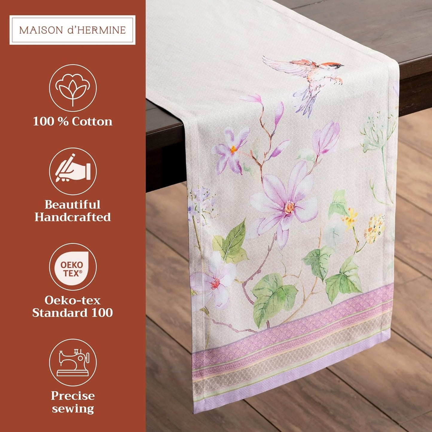 Maison d' Hermine Table Runner 100% Cotton Single Layer Table Runners 108 inches Long Decorative for Home Kitchen Dining Party Wedding Bridal Shower Spring Summer (Magnolia Mornings, 14.50" x 108")