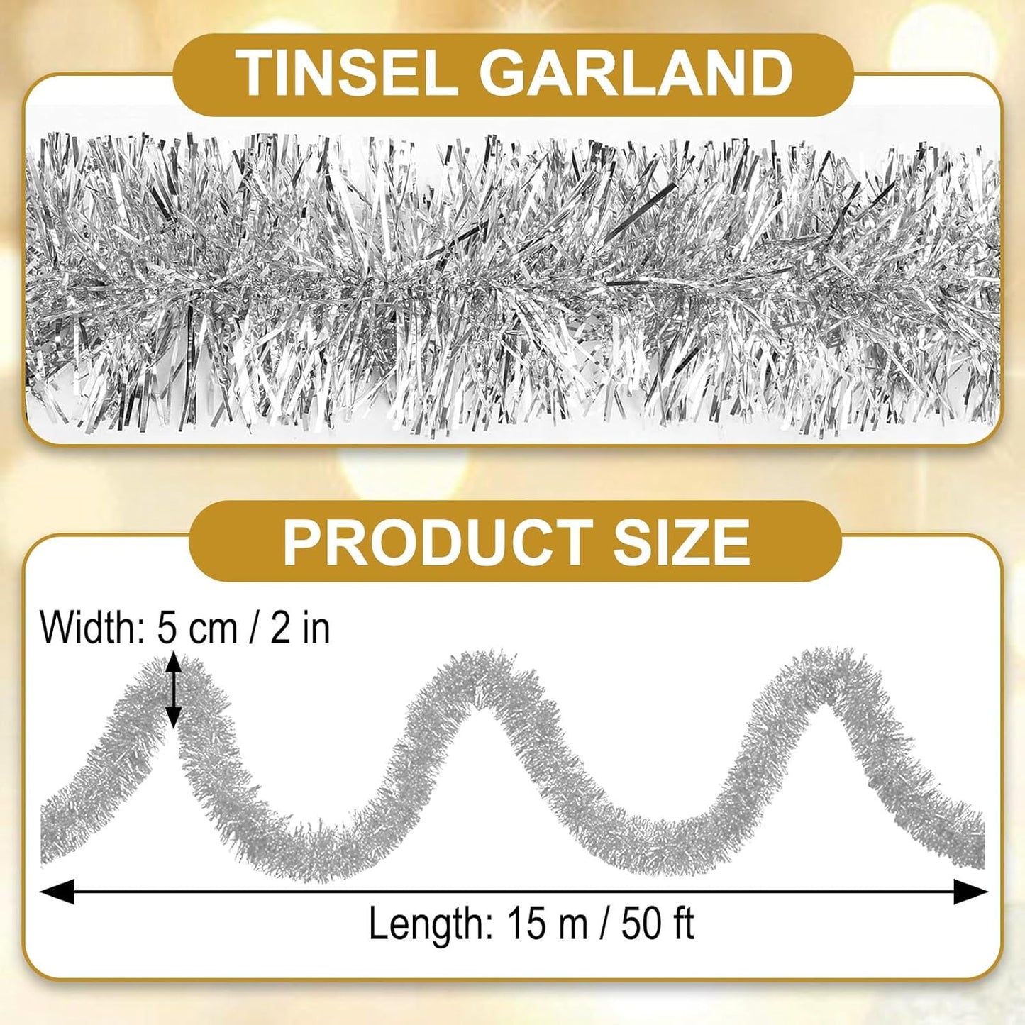 50 Feet Silver Christmas Tinsel Garland, Metallic Foil Twist Garland Wall Hanging Tinsel Banner Backdrop for Parade Floats, Easter, Mother's Day, Wedding Party Decorations (2in x 50ft)