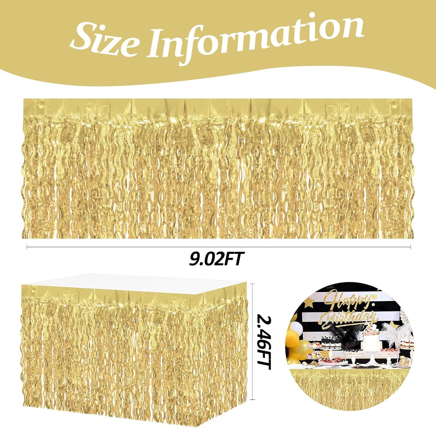 4P Wavy Metallic Tinsel Foil Fringe Table Skirts for Rectangle Tables Backdrop Garland Curtains for Parade Floats Wedding Birthday Parties Decoration Graduation 2025 Christmas (Light Gold)
