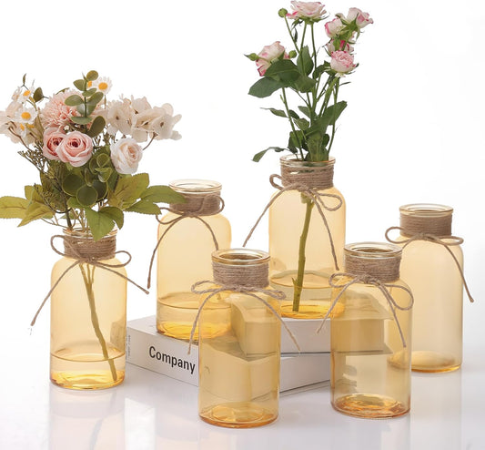 Gold Vases for Centerpieces Set of 6, Mason Jars Boho Cylinder Bud Vases in Bulk, for Weddings Parties Vintage Home Decor