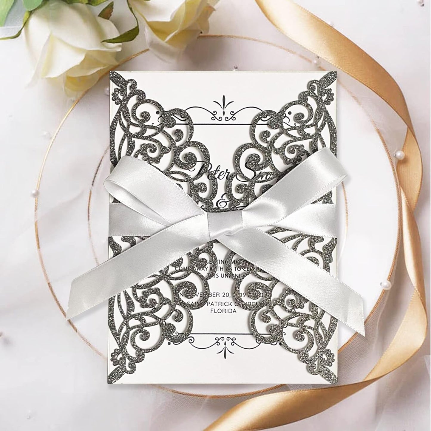 50Pcs Laser Cut Black Wedding Invitation With Glitter Envelopes And Ribbons Blank Personalized Card Invitaciones Para quinceañera Birthday Baby Shower Christmas Party Bridal Shower