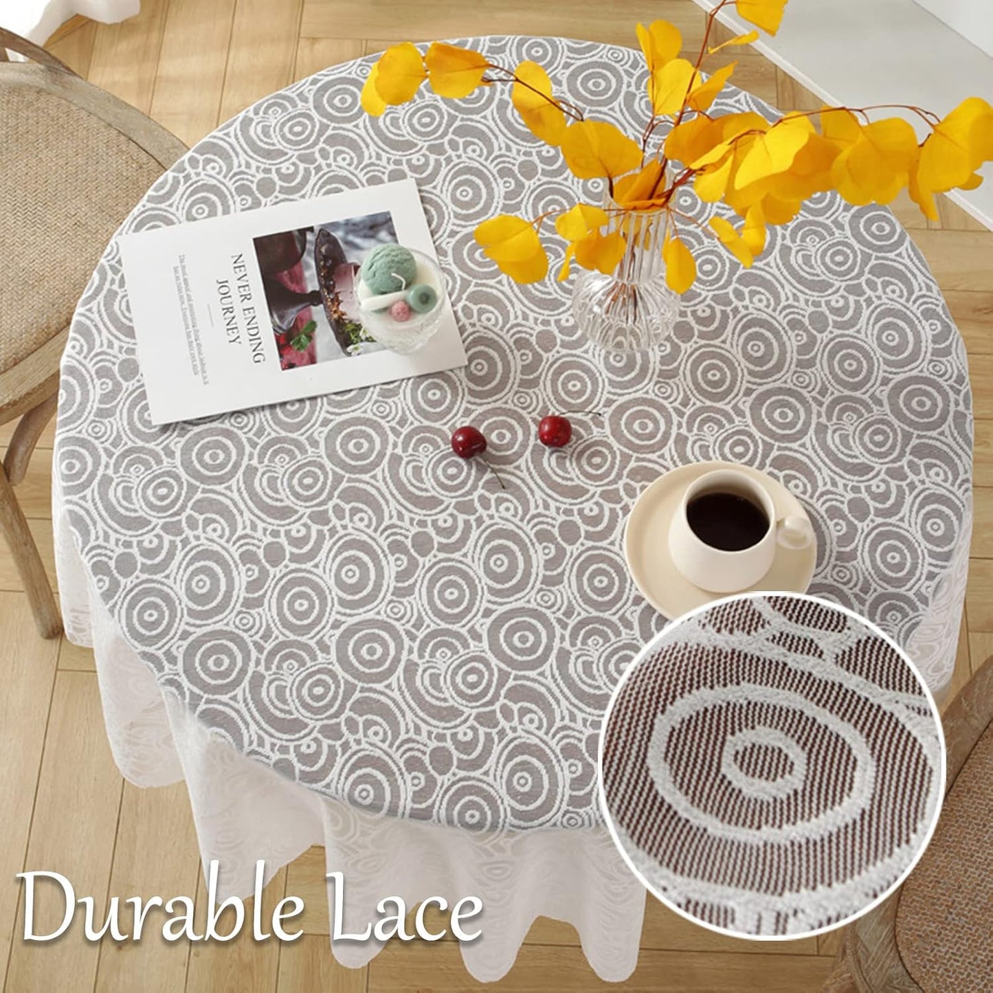 Jeloris Round Lace Tablecloth with Elegant Scalloped Bottom for Any Special Event Such as Wedding, Birthday Party, Baby Shower, Anniversary (70 inch, Style 5)