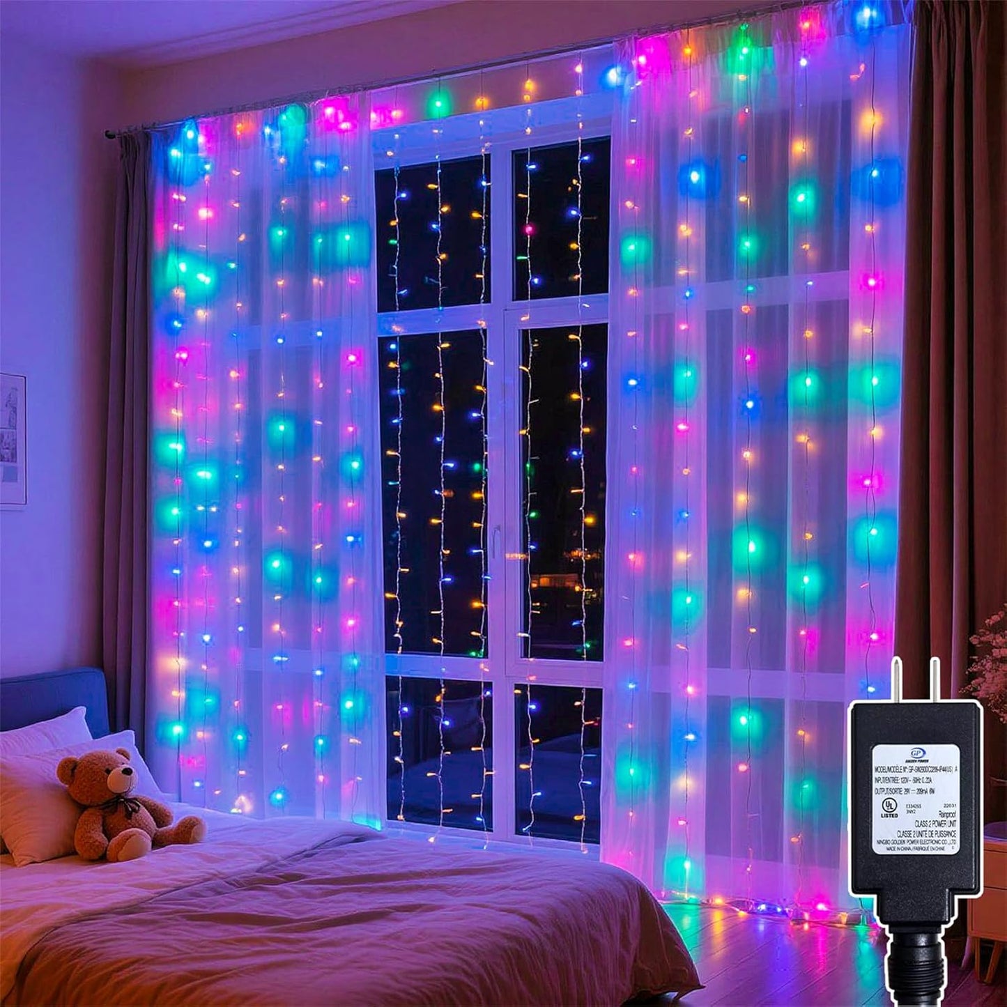 300 LED Rainbow Curtain String Lights 9.8 * 9.8FT Plug in Fairy with Timer and 8 Modes, Waterproof Window Wall Lights for Bedroom Wedding Party Indoor Outdoor Christmas Decor