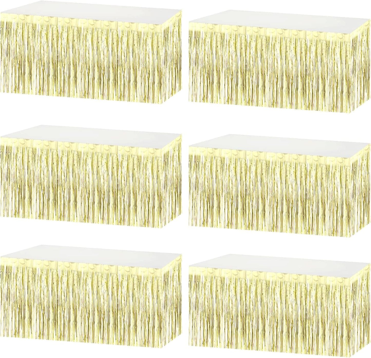 6 Pack 29x108 Inch Metallic Foil Fringe Tinsel Table Skirts Banner for Rectangle Tables Streamer Garland Backdrop for Wedding, Birthday, Parade Floats, Valentine's Day Party Decoration(Light Gold)