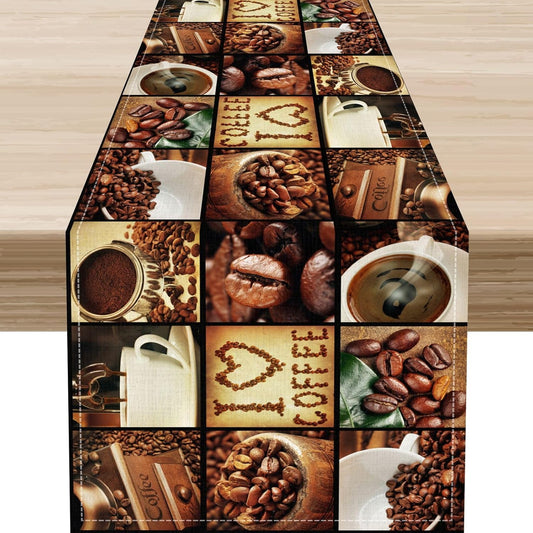 Coffee Theme Table Runner, Retro Farmhouse Coffee Cup Latte Cappuccino Tea Party Cafe Table Center Decor for Home Kitchen Dining Patio Holiday Party Indoor Outdoor Table Decorations,13"x36" Inch
