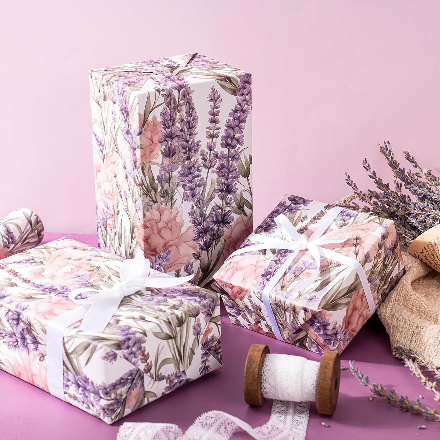 WRAPAHOLIC Kraft Floral Wrapping Paper - Mini Roll - 17 Inch x 16.5 Feet - Purple Lavender Flower Wrapping Paper for Wedding, Birthday, Bridal Shower, Tea Party, Drawer Liners, Home Closet Shelves