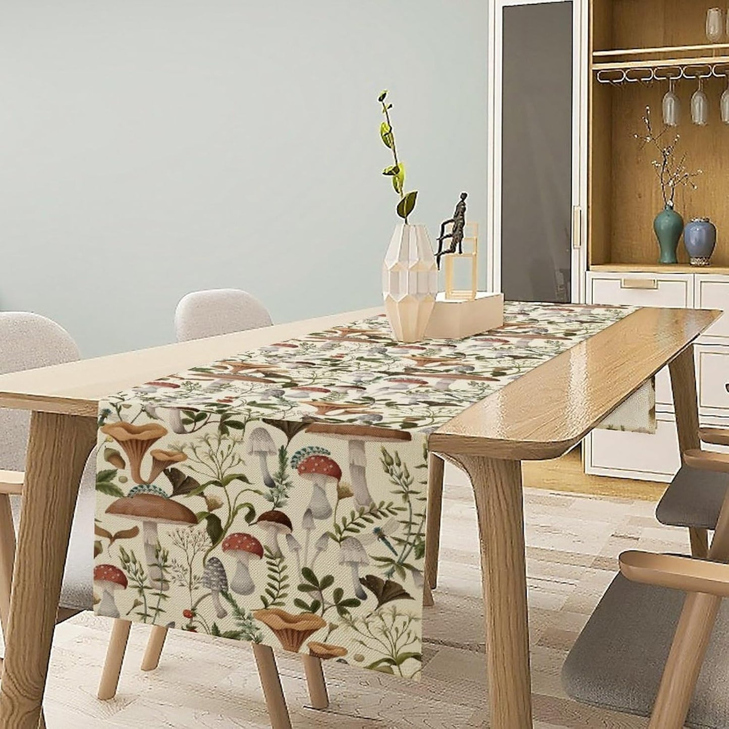 Mushroom Table Runner,Vintage Forest Flower Plant Print Table Runner for Kitchen Dining Table Home Party Decoration 13x60 Inch