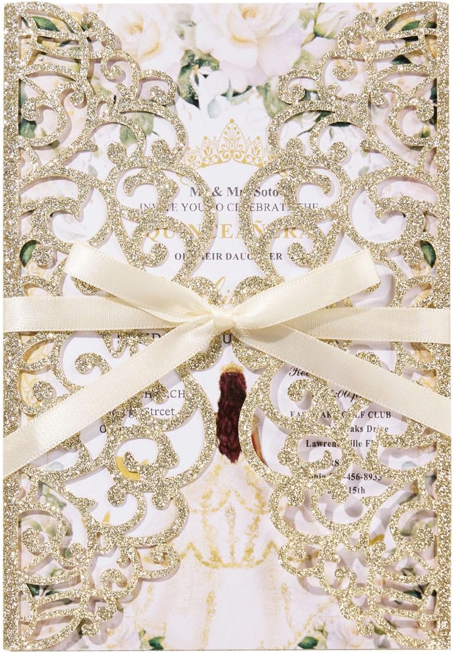 25pcs Glitter Wedding Invitations with Envelopes and RSVP Cards Gold Personalized Laser Cut Party Invitation with Ribbons for Wedding Engagement Baby Bridal Shower Quinceanera Birthday Party Invite