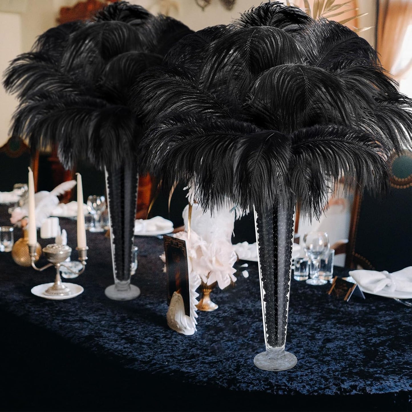 Yuxung 6 Sets Wedding Table Centerpiece Accessories Including 159 Pieces Natural Ostrich Feather Bulk Plastic Vases and Beads Necklaces for Wedding Home Party Centerpiece Supplies(Black)