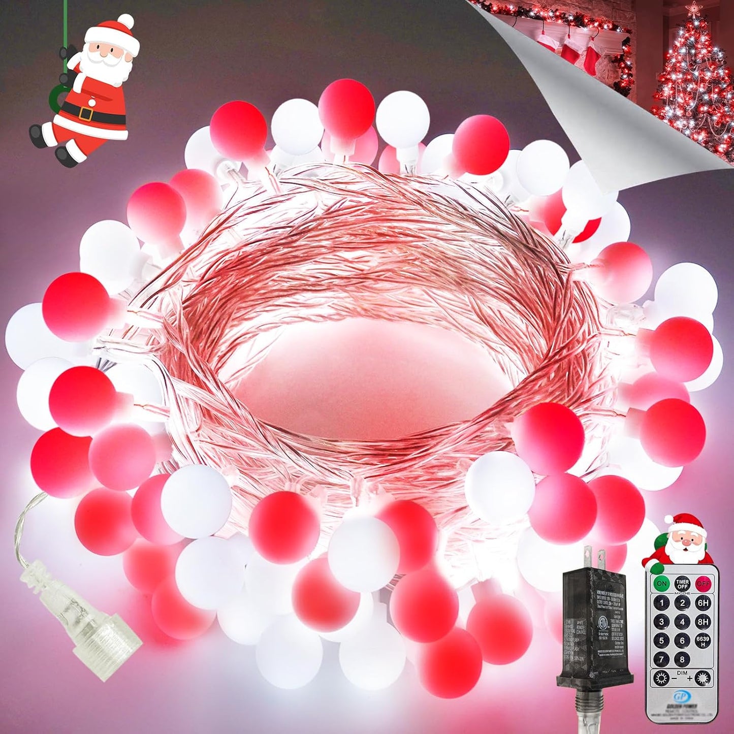 43FT 100LED Connectable Christmas String Lights Indoor Outdoor - Red and White Fairy Lights Plug in with Remote & 8 Modes, Globe Twinkle Light for Christmas Decorations Bedroom Room Tree Party