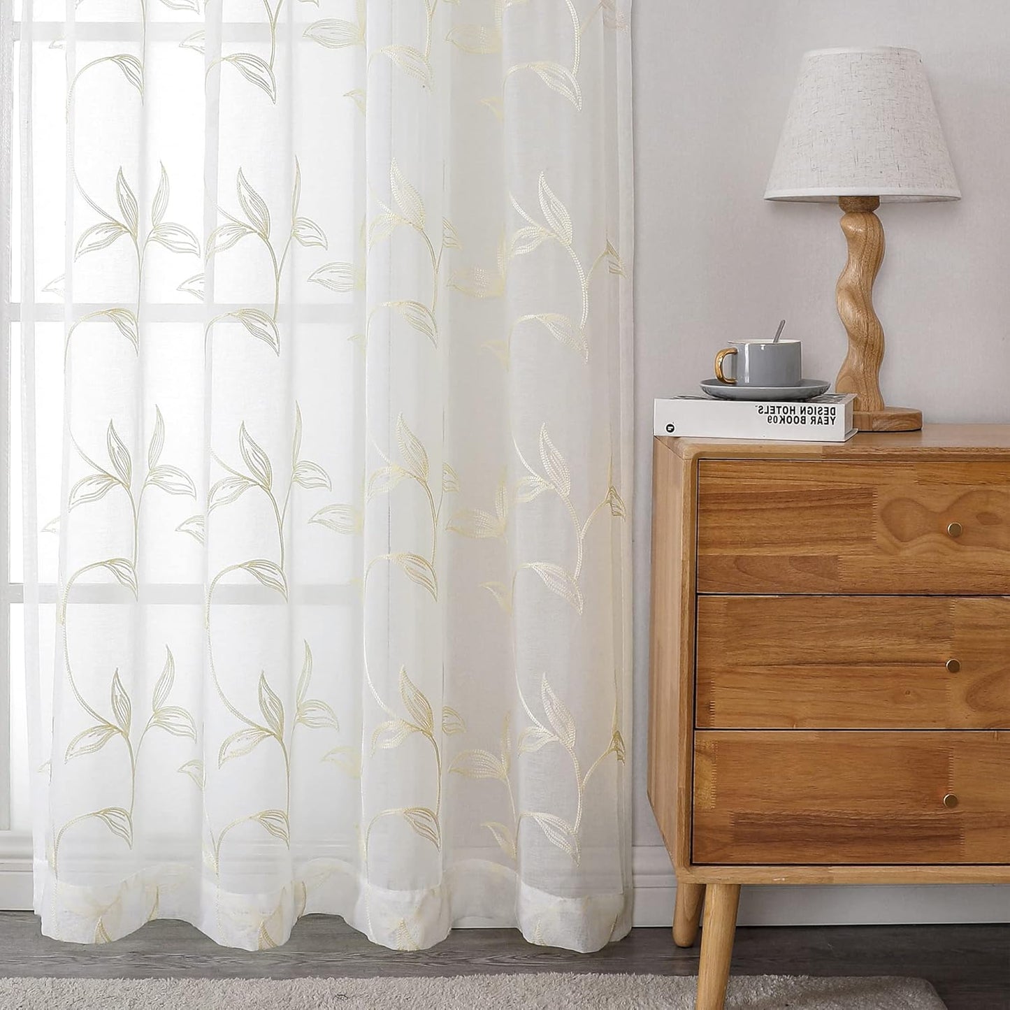 VISIONTEX Sheer Curtains 84 inch Length 2 Panels Set, White Voile Crushed Cream Vine Leaves Embroidery, Rod Pocket Embroidered Window Drapes for Living Room and Bedroom, 54" x 84"