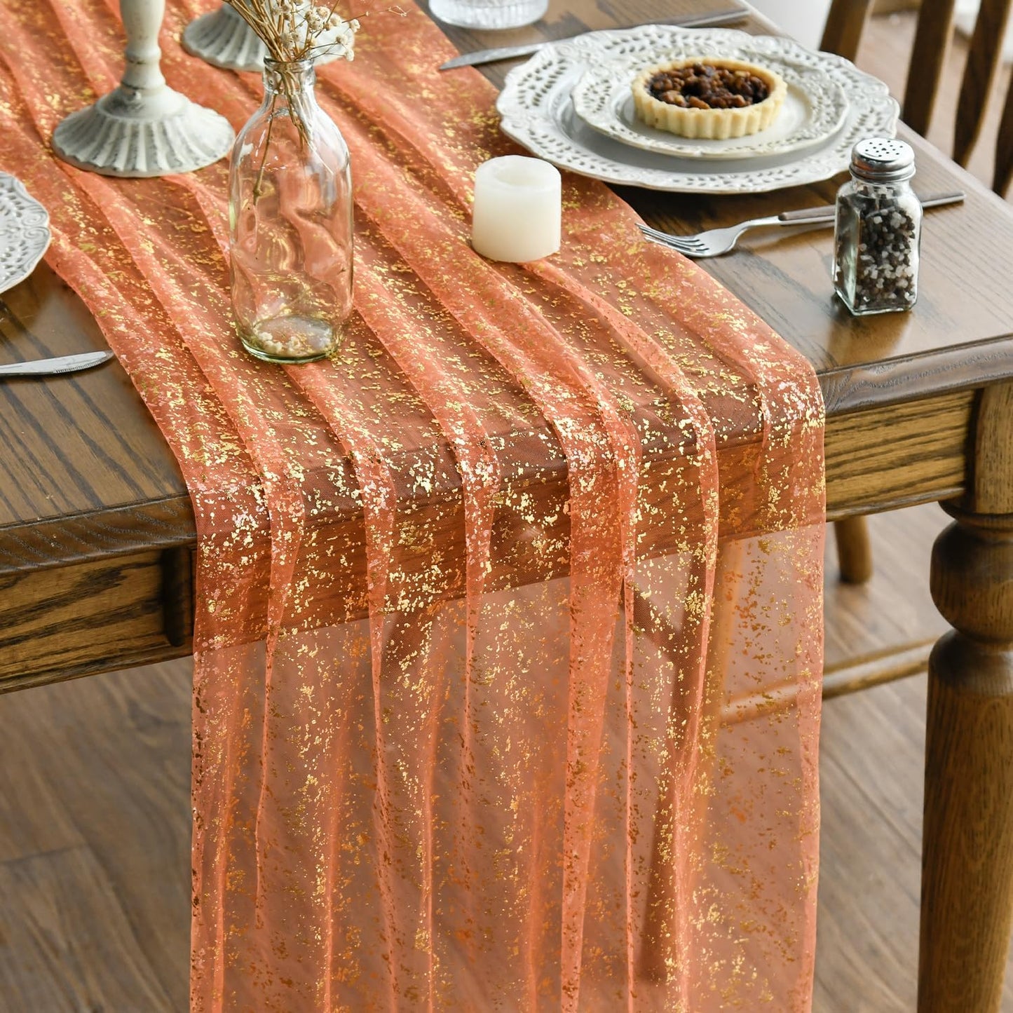 Artoid Mode Orange Gold Gauze Table Runner 120 Inch 10FT, Glitter Metallic Foil Sheer Dining Wedding Anniversary Holiday Table Decor for Home Party