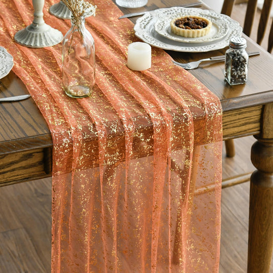 Artoid Mode 6PCS Orange Gold Gauze Table Runner 120 Inch 10FT, Glitter Metallic Foil Sheer Dining Wedding Anniversary Holiday Table Decor for Home Party