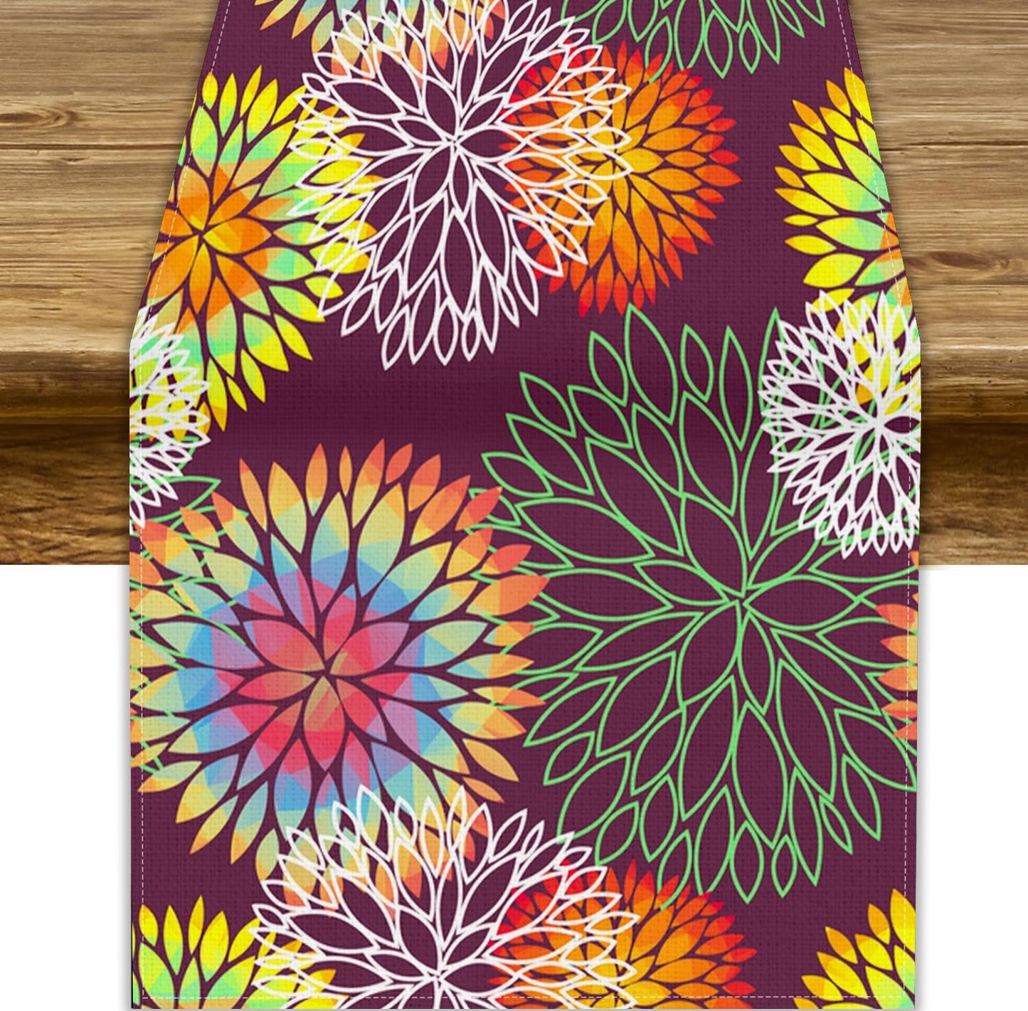 Brown Dahlia Flower Table Runner, Linen Geometric Pattern Floral Table Decor Spring Farmhouse Decorations for Kitchen Dining Holiday Party Decor, 13x108 Inch