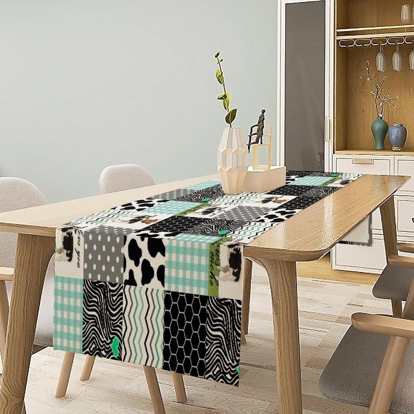 Cute Cow Print Table Runner,Farm Animals Honeycomb Plaid Stripes Cowhide Pattern Tablecloth Burlap for Hotel Indoors Outdoor Dining Room Kitchen Table Decor, 13x60in