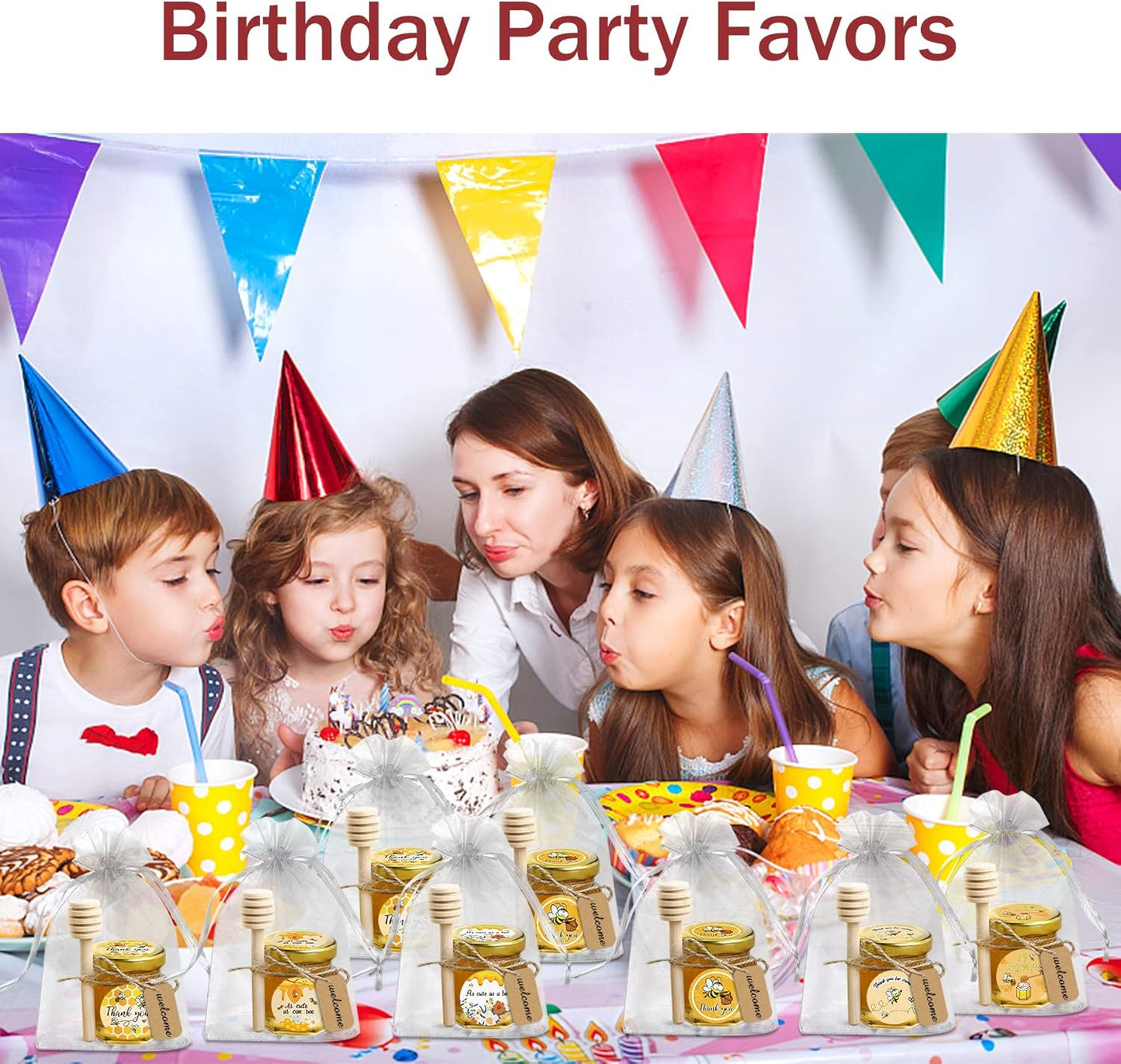 Aliggbent 96 Pack Mini Honey Jars Party Favors in Bulk, 1.5 oz Small Hexagon Glass Honey Jars with Dippers, Lids, Cute Stickers, Bee Charms, Gift Bags and Jute for Baby Showers, Weddings & Birthdays