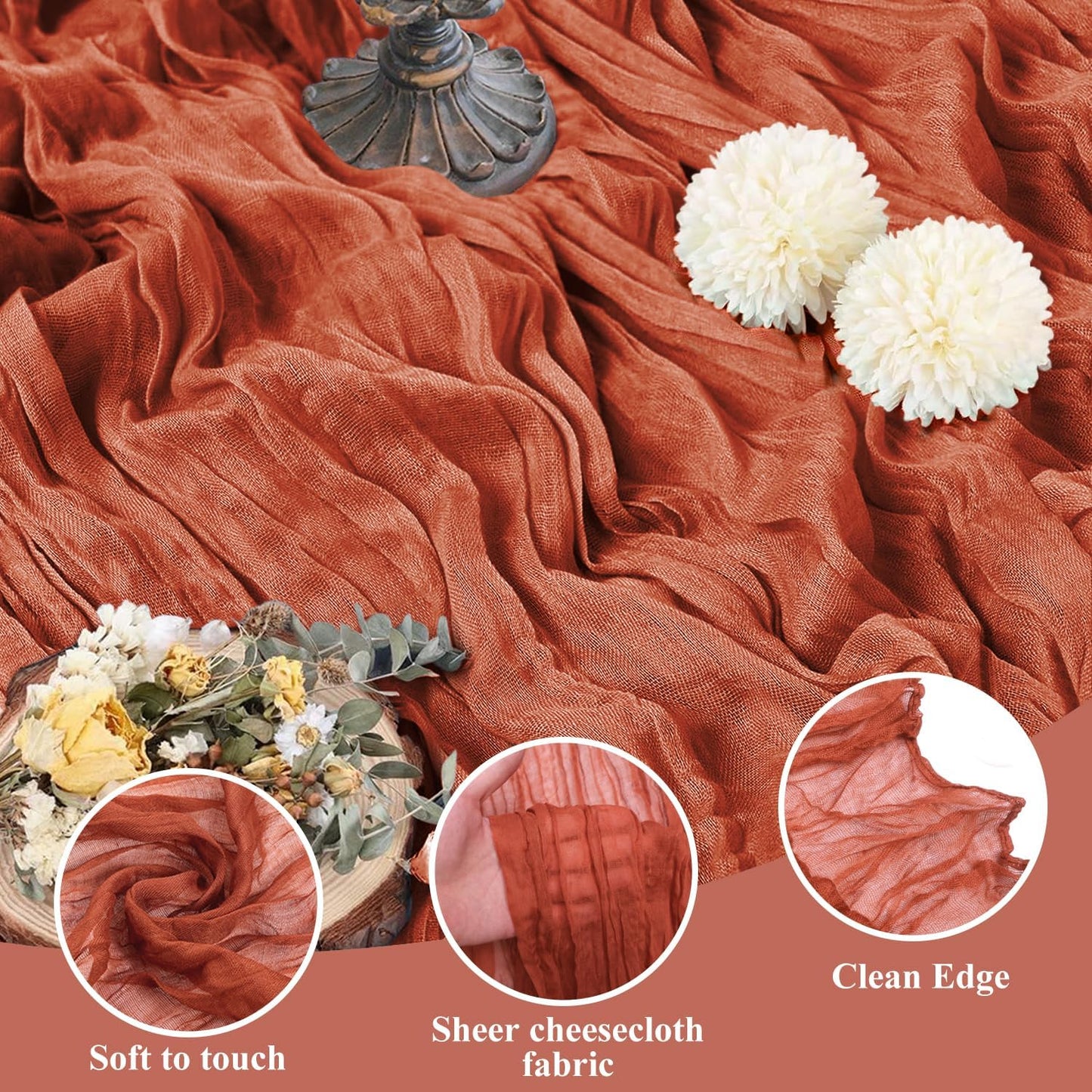 Asee'm 4pcs Cheesecloth Table Runner 120 Inches Long Terracotta Boho Gauze Cheese Cloth Runner 10FT Rustic Sheer Fall Table Runners for Thanksgiving Christmas Wedding Party Baby Shower Decoration
