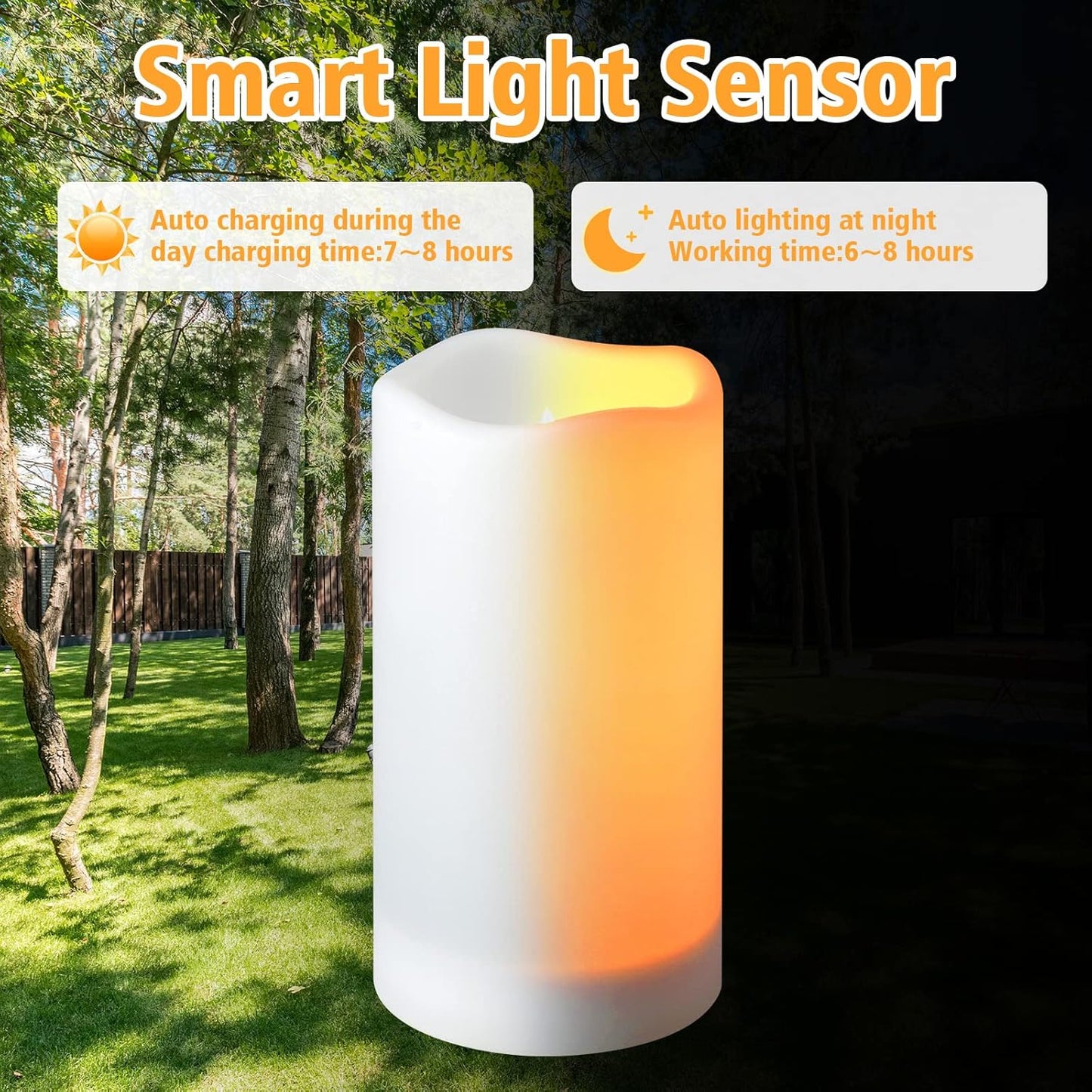 Solar flameless Candles Outdoor Waterproof,Dusk to Dawn Outdoor Lighting, Flickering fameless Reusable LED Light Candles for Lantern Garden Camping and Home Decor, 3D Wick (3"X6") Set of 2