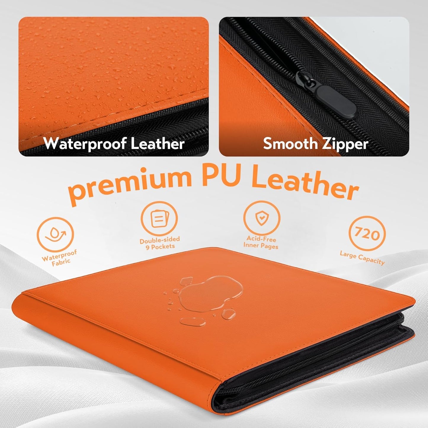 SMYV 12 Pocket Trading Card Binder, Premium PU Cover Card Binder for 720 Cards, Ringless Side Loading Card Collection Album Folders for MTG, TCG, Game Cards & Sports Cards (Orange)