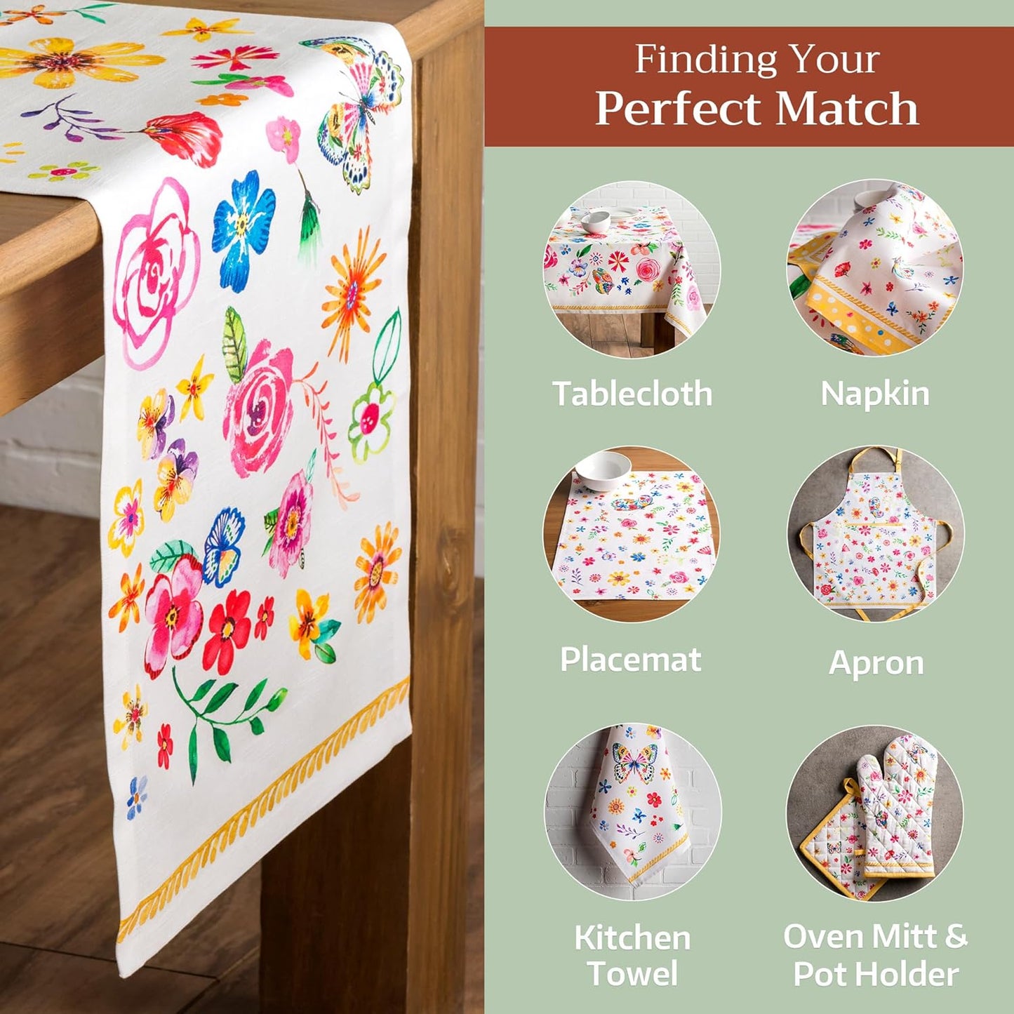 Maison d' Hermine Table Runner 100% Cotton Single Layer Table Runners 108 inches Long Decorative for Home Dining Party Wedding Bridal Shower Spring Summer (Happy Florals - Sweety, 14.50" x 108")