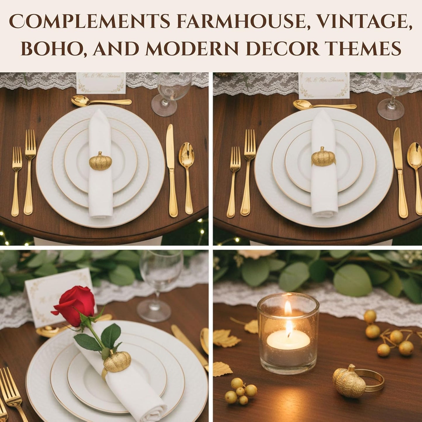 Set of 12 Pumpkin Napkin Rings | Premium Metal Fall Harvest Table Decor | Thanksgiving Dinnerware Holders, Autumn & Halloween Table Setting Accessories (Gold) - ALPHA Living HOME