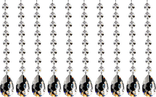 Fushing 10Pcs 1ft Teardrop Crystal Strands, Hanging Beads Chain Garland, Chandelier Pendants Parts Glass Beads (50mm, Clear)