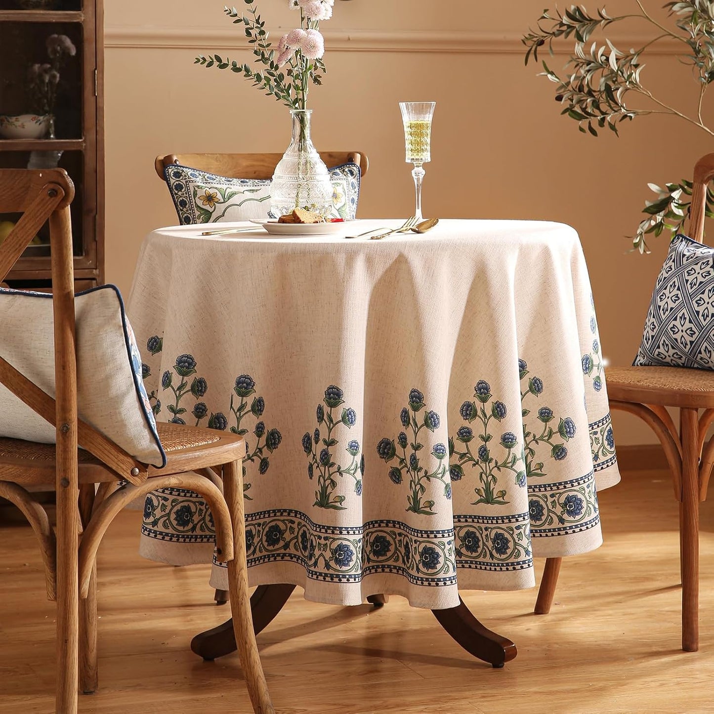 patdrea Designer Linen Blue Round Tablecloth,Vintage Leaves Pattern Floral Anti-Wrinkle Table Cloth,French Fall Dacorative Table Cover for Kitchen Dining,Thanksgiving,Party,Diameter 67"-Ivar B