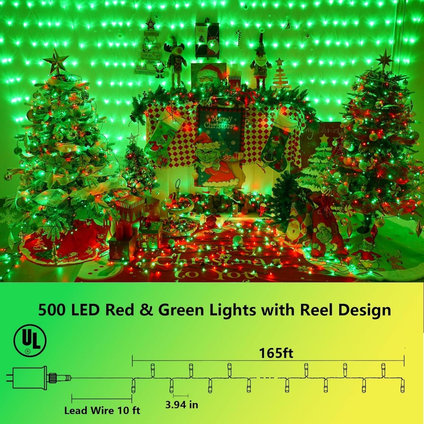 YEGUO 165ft 500 LED Christmas Lights Outdoor Waterproof, Red and Green String Lights Plug in, Green Wire Twinkle Tree Lights Indoor with Timer Memory 8 Modes