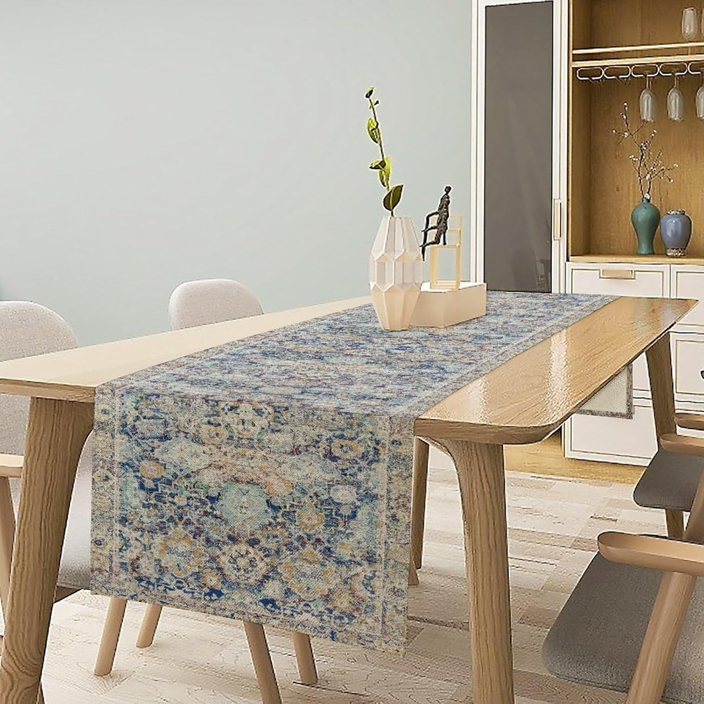 Vintage Boho Floral Table Runner, Rustic Country Farmhouse Blue Yellow Retro Flower Pattern for Home Kitchen Table Decor Dining Coffee Room Party Decor 13x90in