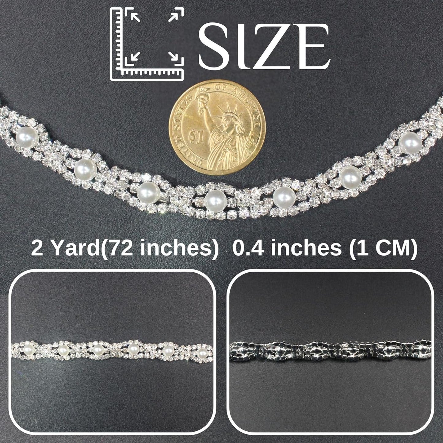 PEARLY JUN 2 Yards Pearl Rhinestone Trim Chain Silver Crystal Fringe Diamond Applique Ribbon String Tassel Strip for Sewing Wedding Dress Crafting Crafts Flower Embellishments