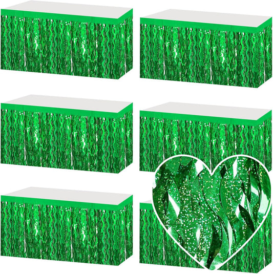 6 Pack 29x108 Inch Green Wave Foil Fringe Table Skirts Metallic Banner for Tinsel Streamer Garland Backdrop for Parade Floats Mother's, Graduate, Mardi Gras, Birthday, Wedding Party Decorations