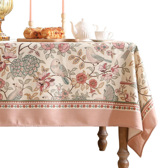 patdrea Designer Pink Linen Table Cloth for Rectangle Table,Vintage Floral with Birds Pattern Decorative Tablcloth,French Table Cover for Kitchen Dining,Thanksgiving,Christmas,63"x110"-Kulom a